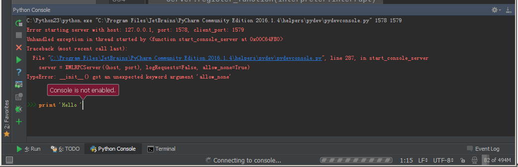 pycharm connecting to console